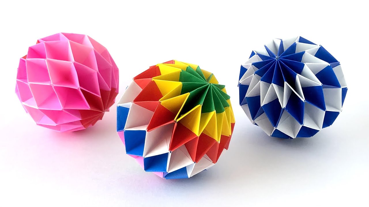 折り紙・ペーパークラフト】折り紙ボールの作り方その1〈横縞模様〉直径約8.5cm 飾り物 手毬 くす玉 ハニカムボール origami ball |  shigeyuki.net