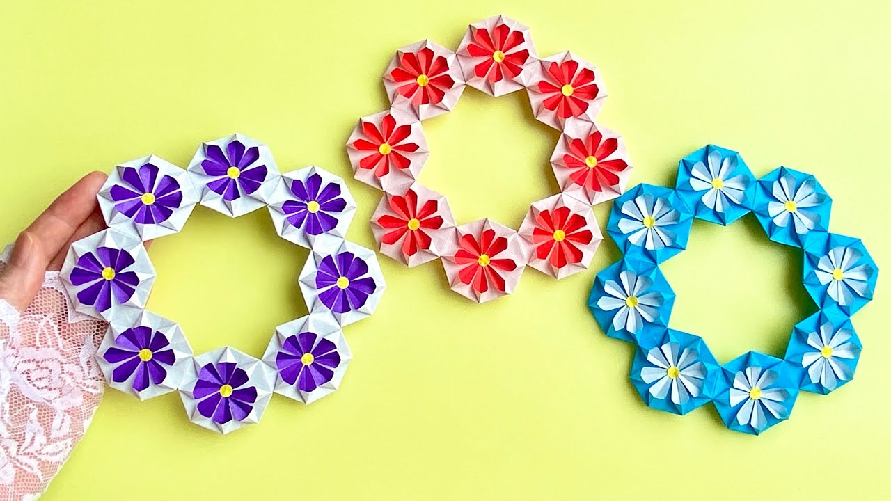 折り紙】可愛い花のミニリース／【Origami】Small Flower Wreath
